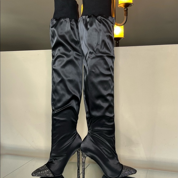 Black Satin Rhinestone Embellished Over the Knee Boots - Picture 3 of 12